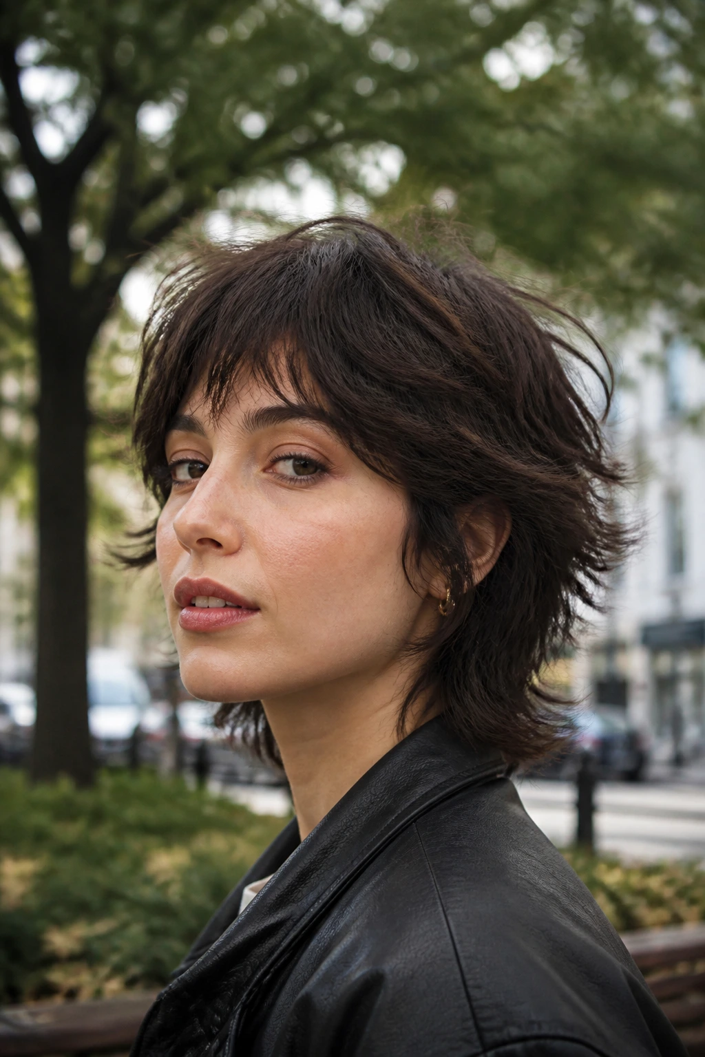 Close-up portrait of a real woman with wolf cut bob in urban park