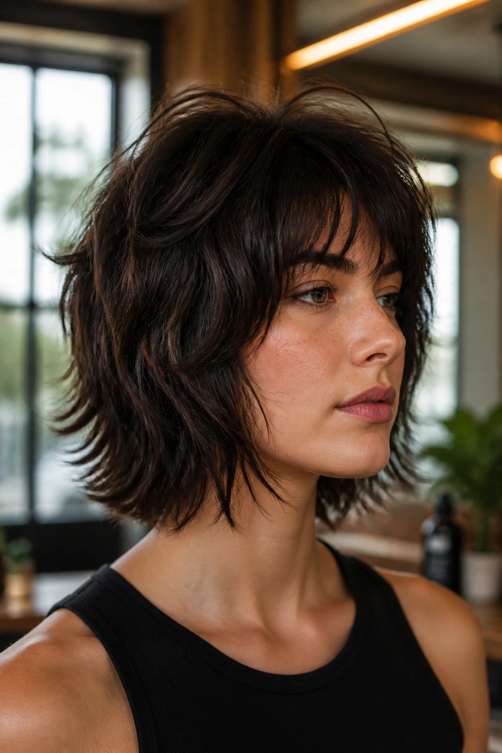 Close-up portrait of a real woman with a Wolf Cut Bob hairstyle featuring crown volume and uneven ends.