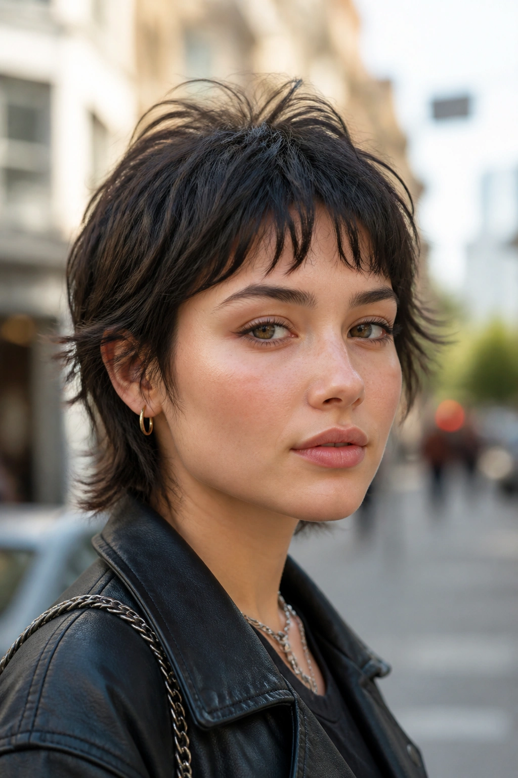 Close-up portrait of a real woman with a short wolf cut and broken fringe.