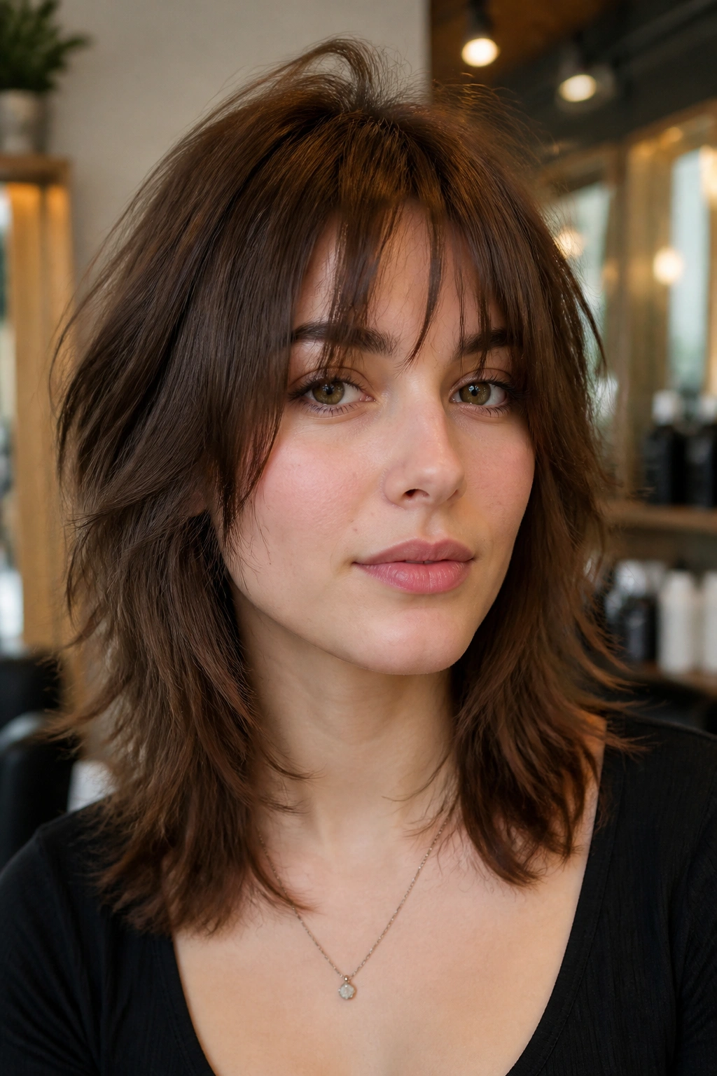 Portrait of real person with shoulder-length wolf cut and broken fringe, warm salon light