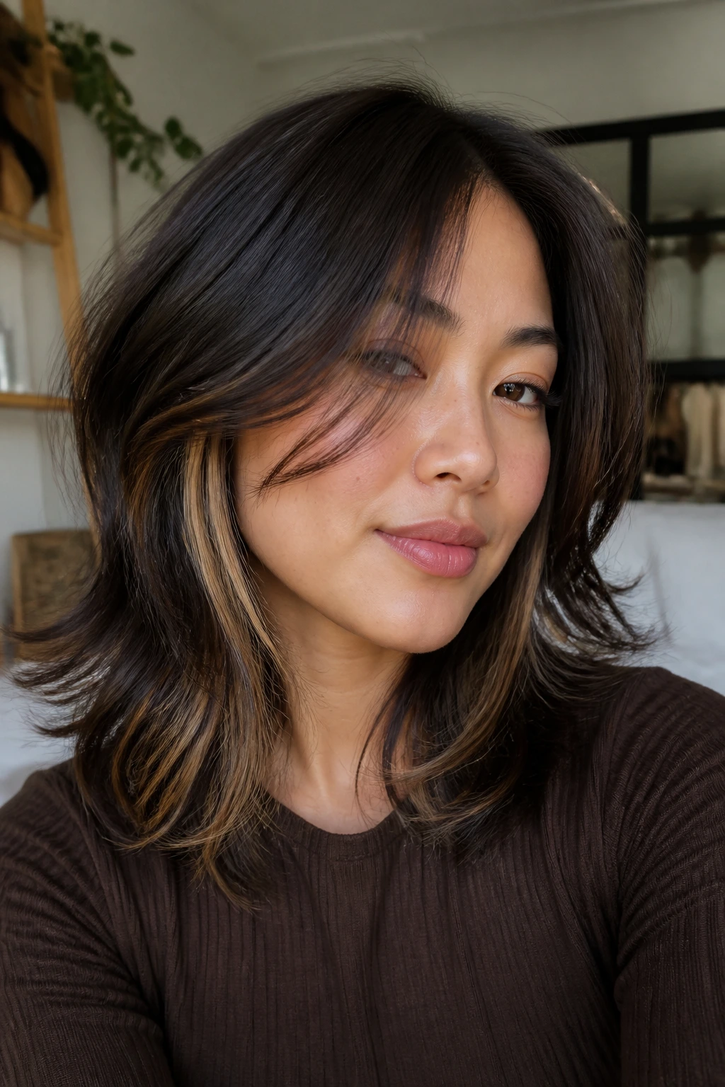 Close-up portrait of a real woman with a soft wolf cut and peekaboo caramel under the top layer
