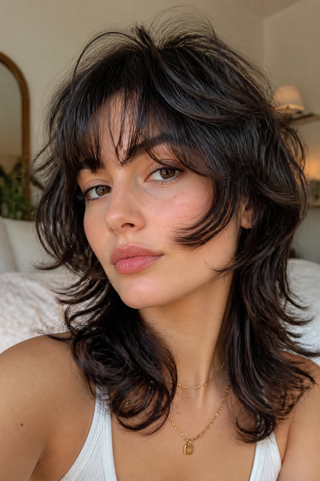 Close-up portrait of a real person with a soft wolf cut and cheekbone pieces