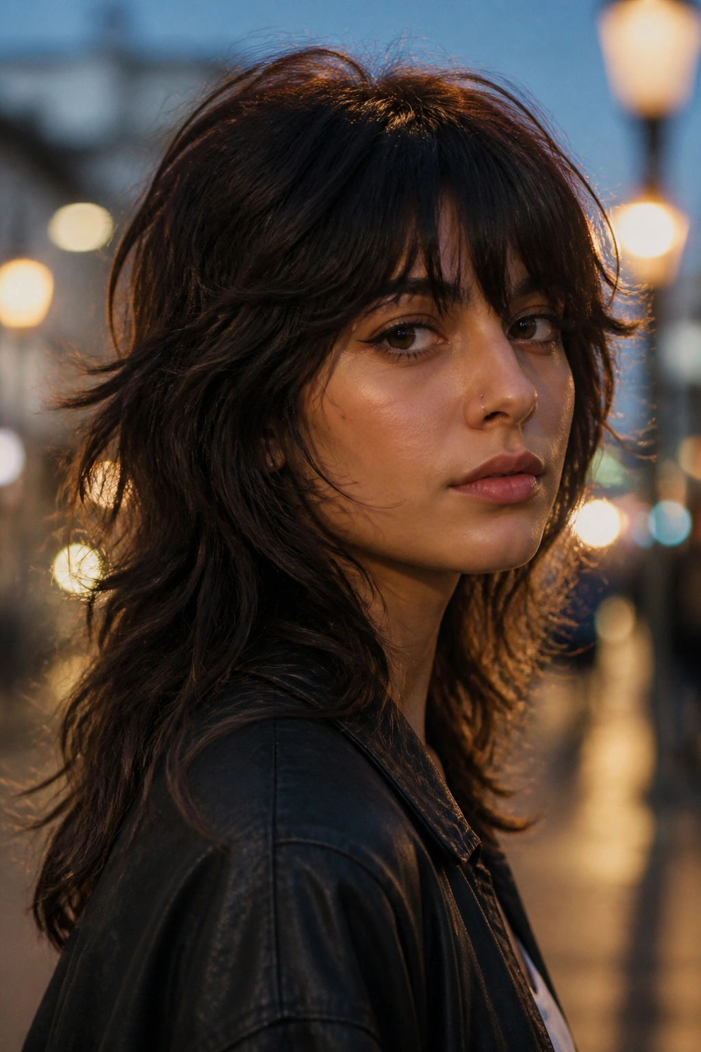 Portrait of a real person with a wolf cut on a city street at dusk