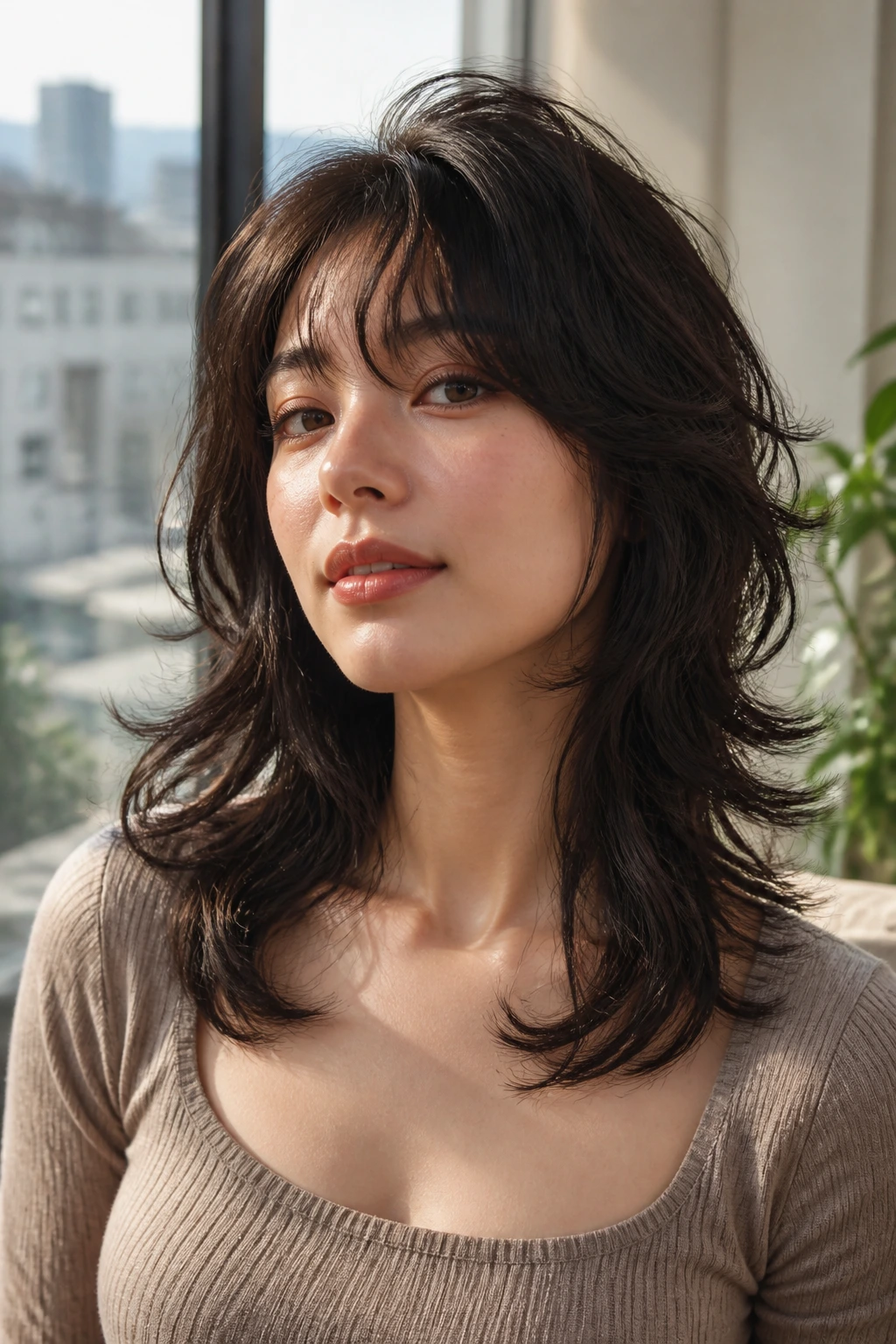 Real woman with wolf cut and controlled volume, crown lifted