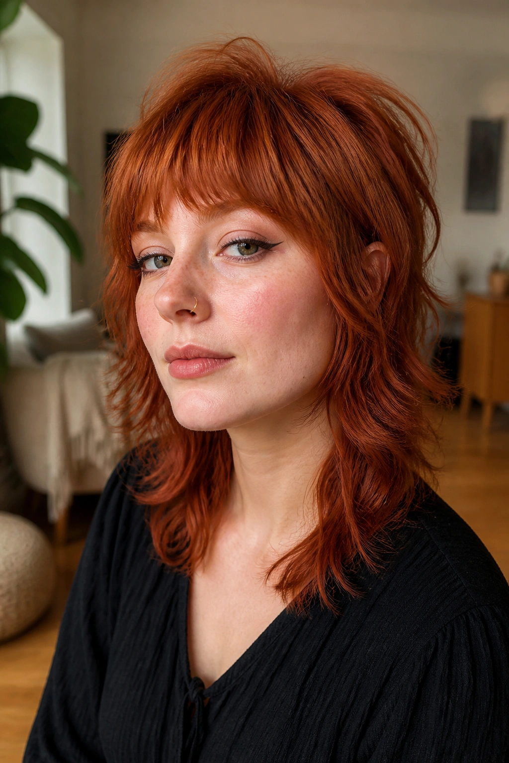 Portrait of a real person with wolf cut and copper fringe
