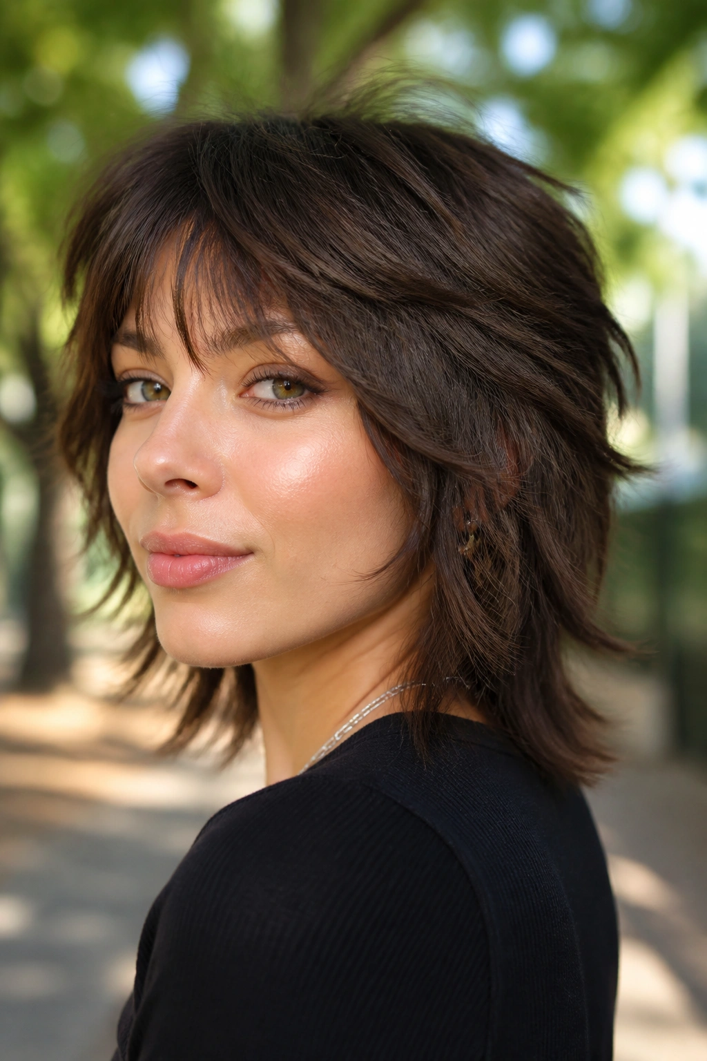 Close-up of a real person with soft wolf shag and short crown layers