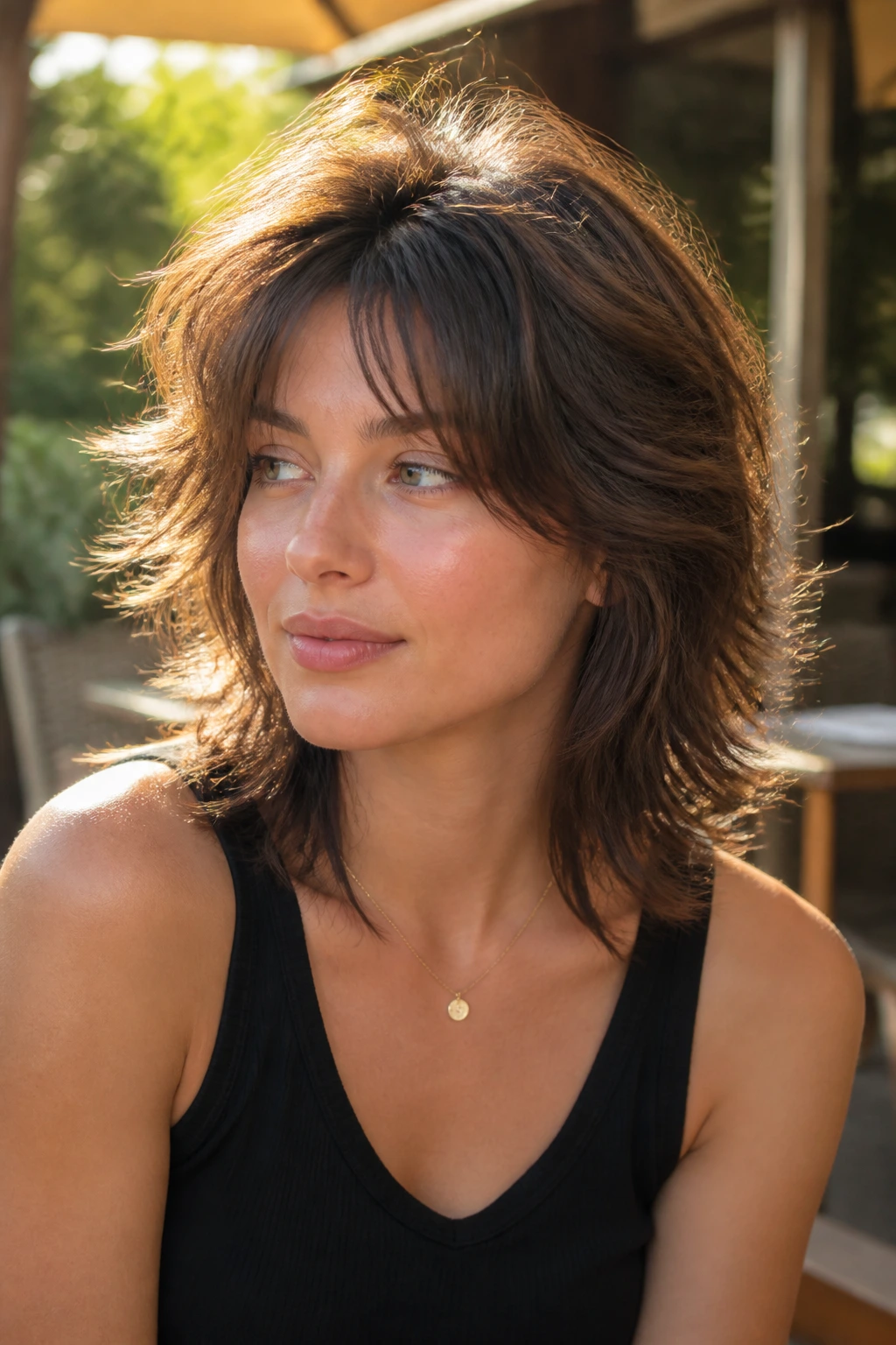 Close-up of a real person with a medium wolf cut and crown lift in natural light.
