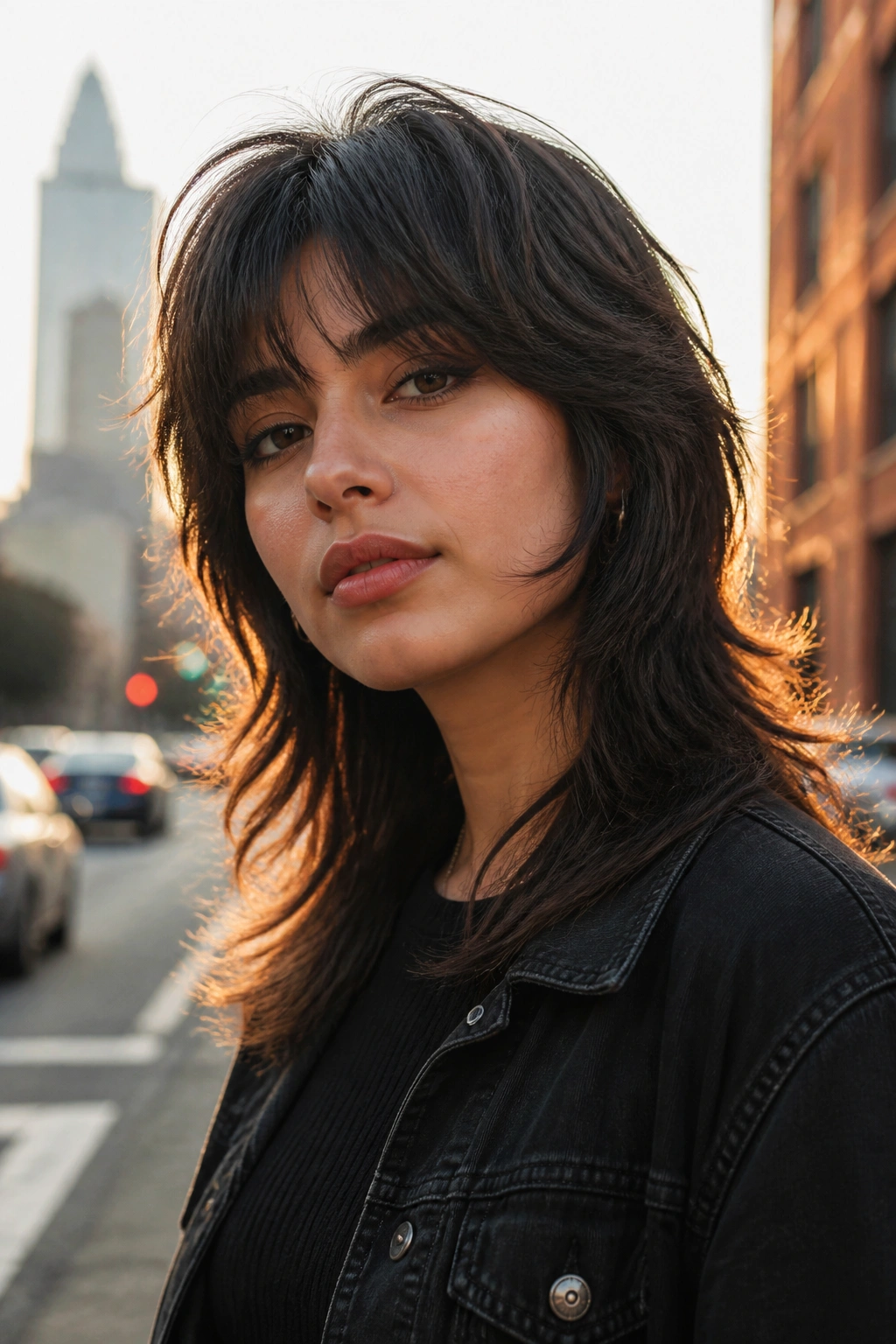 Portrait of a real person with wolf cut and soft crown lift in an urban setting