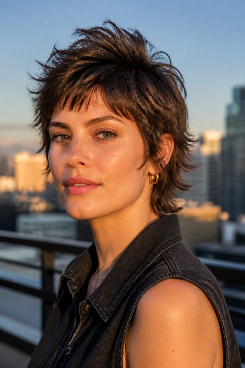 Close-up of real woman with a short wolf cut and lifted crown against a city backdrop