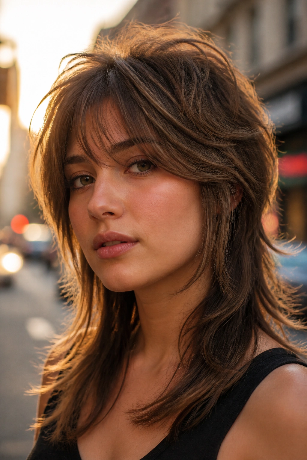 Close-up of a woman with a wolf cut and crown texture.