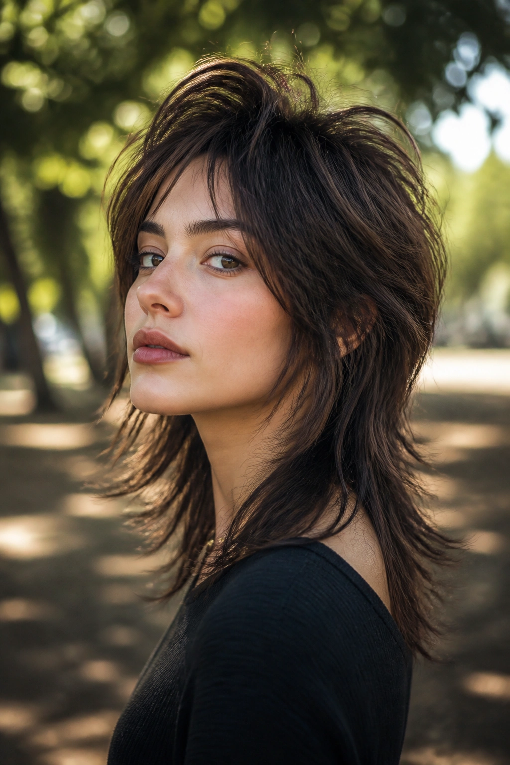 Real woman with wolf cut and airy crown volume.