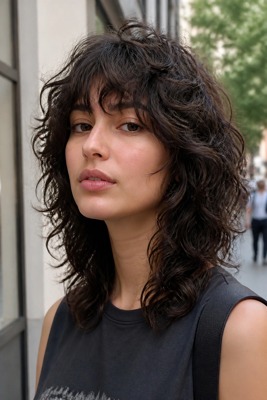 Portrait of a real person with a medium wolf cut and controlled crown volume