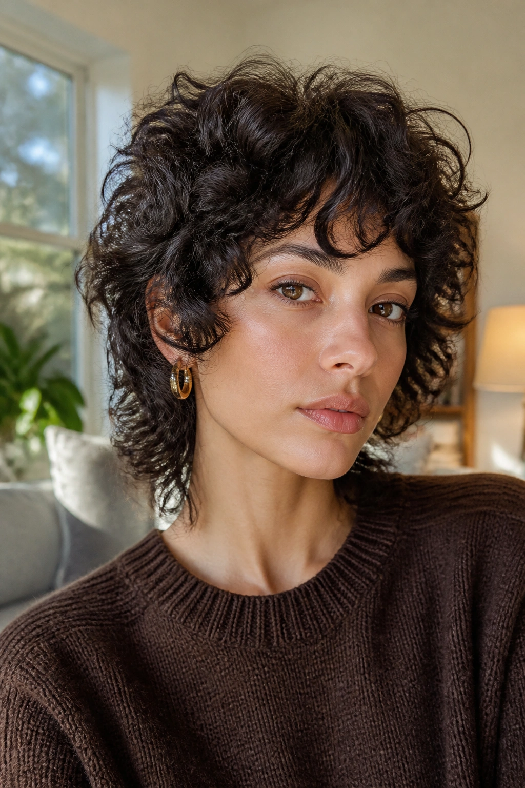 Close-up of real woman with wolf cut on short curls, crown lift and defined ends.