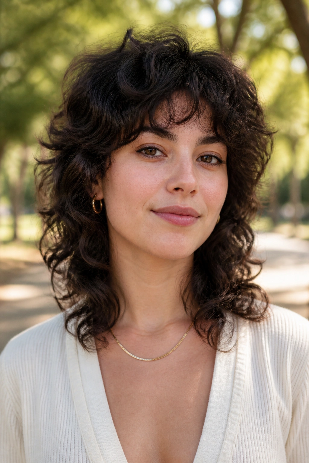 Real woman with wolf cut and soft curly texture in sunlit outdoor setting.