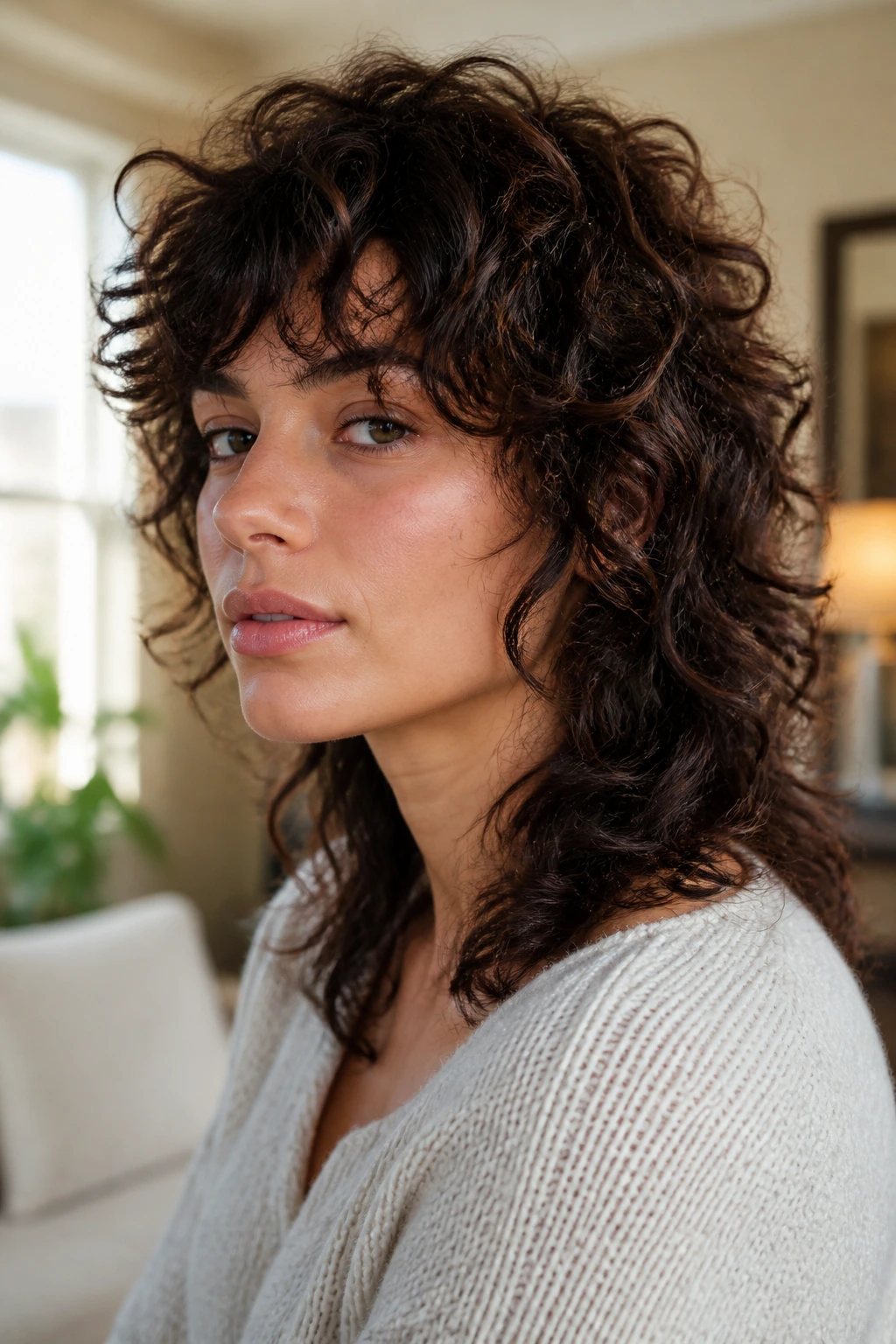 Close-up of a real person with a wolf cut and broken texture in curly hair, in a warm indoor setting