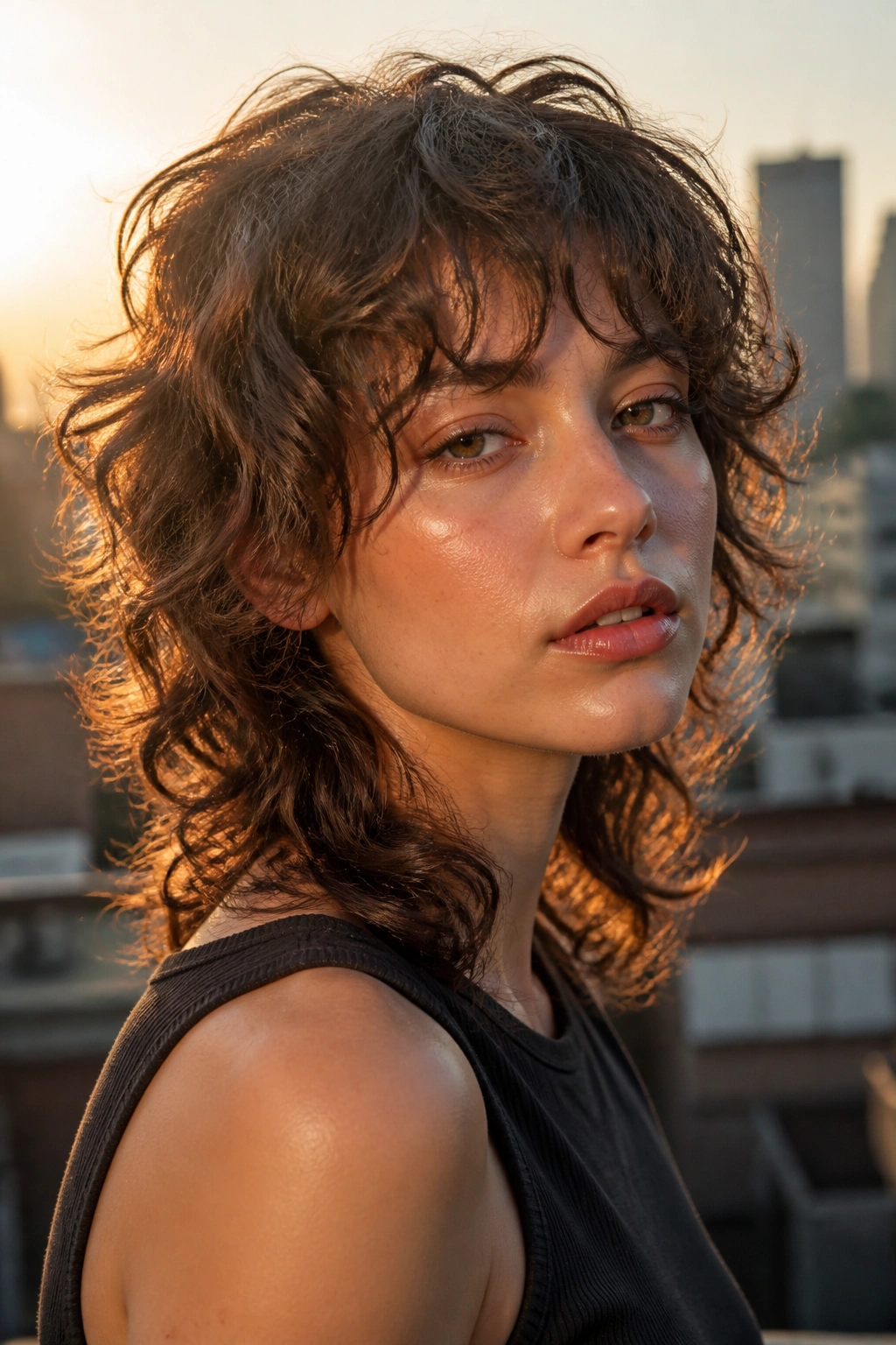 Close-up portrait of a real woman with wolf cut and soft curly fringe.