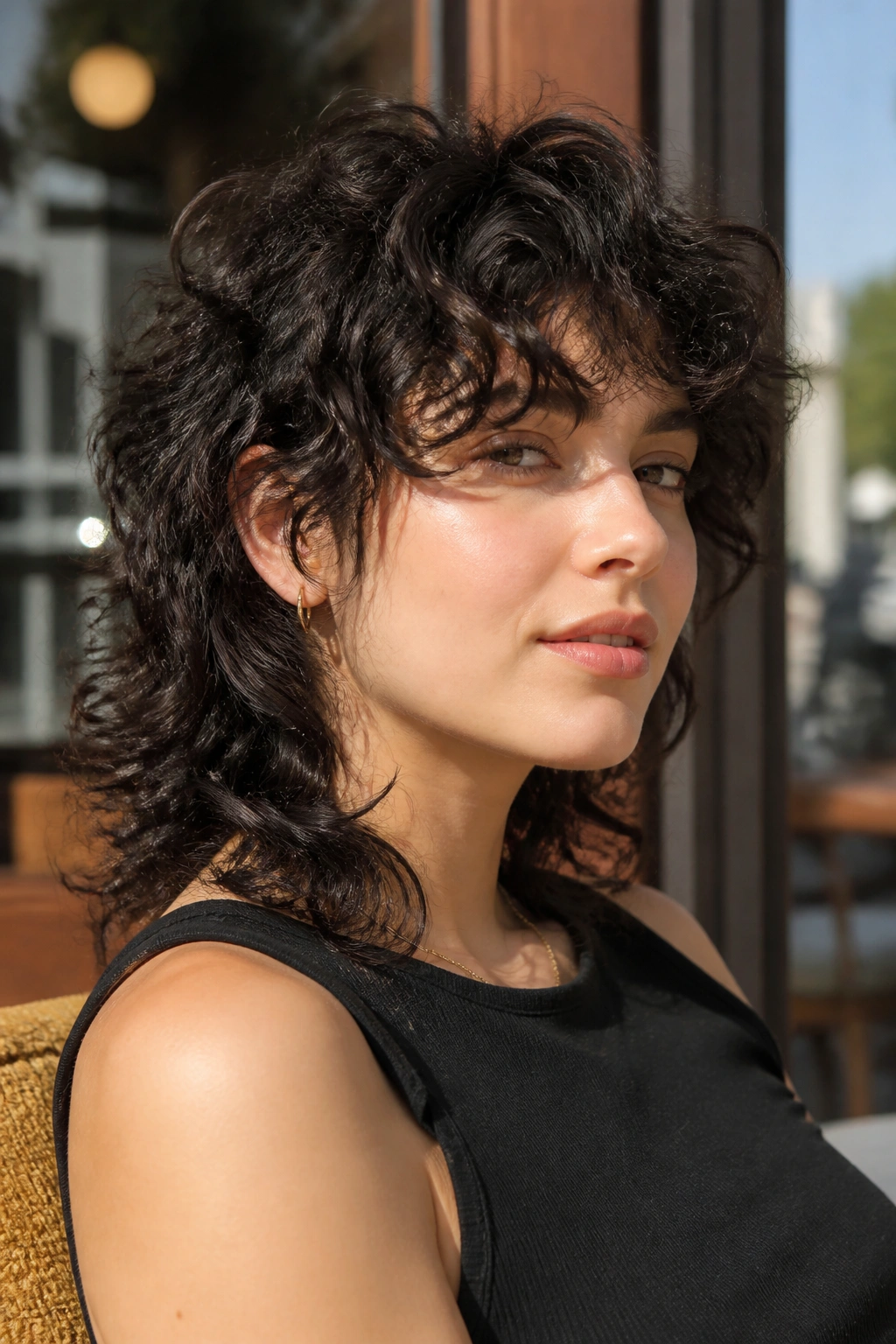 Close-up of a real person with a wolf-cut inspired curly mullet