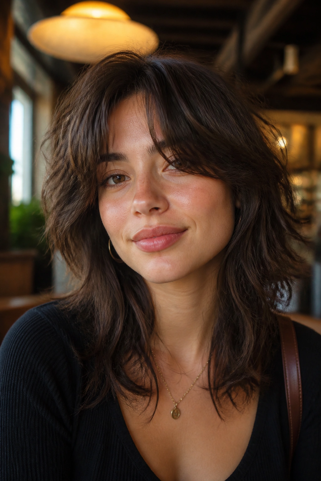 Close-up of a real woman with soft wolf cut and curtain bangs, textured medium brown hair