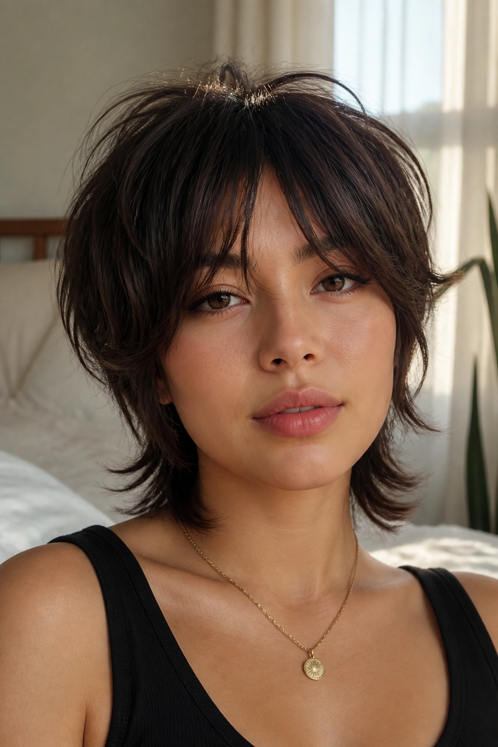 Close-up of a real woman with a short wolf cut and curtain bangs.