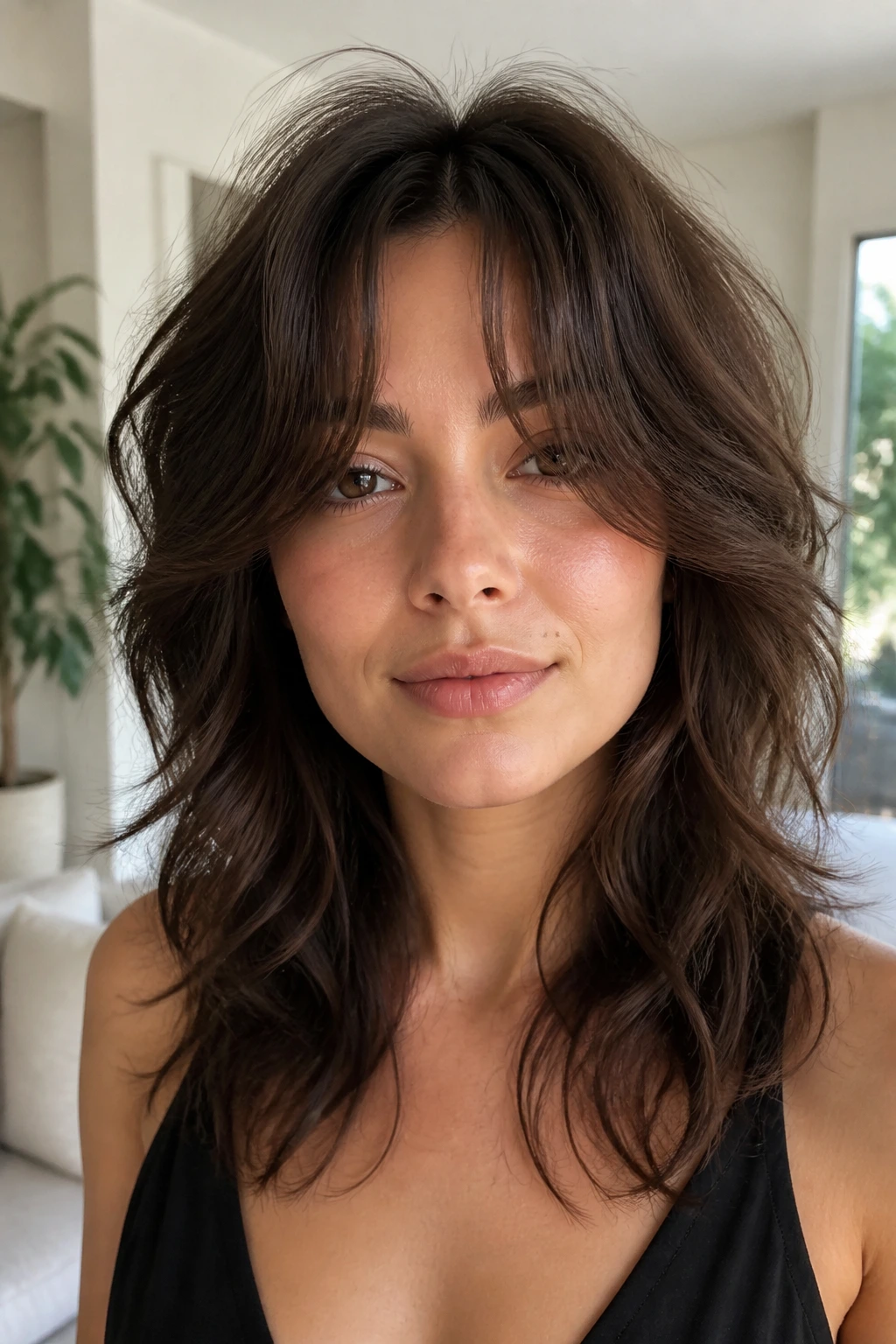 Portrait of a woman with a wolf cut and curtain bangs in a bright living room