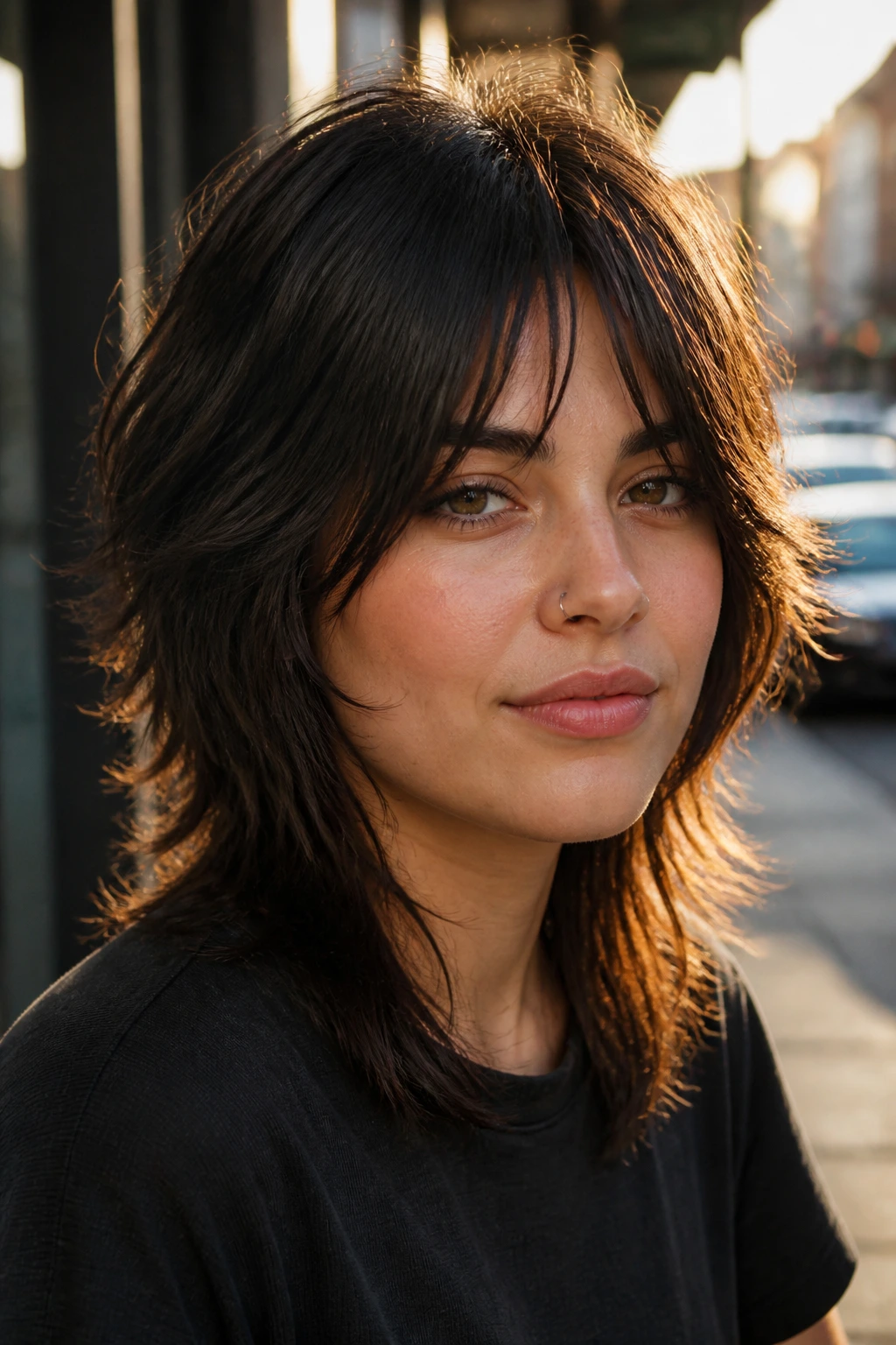 Close-up portrait of a person with wolf cut and curtain bangs on a sunlit street