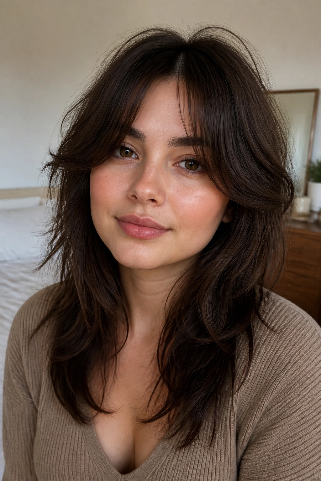 Close-up portrait of a real woman with a soft curtain-bang wolf cut for round faces in natural bedroom light