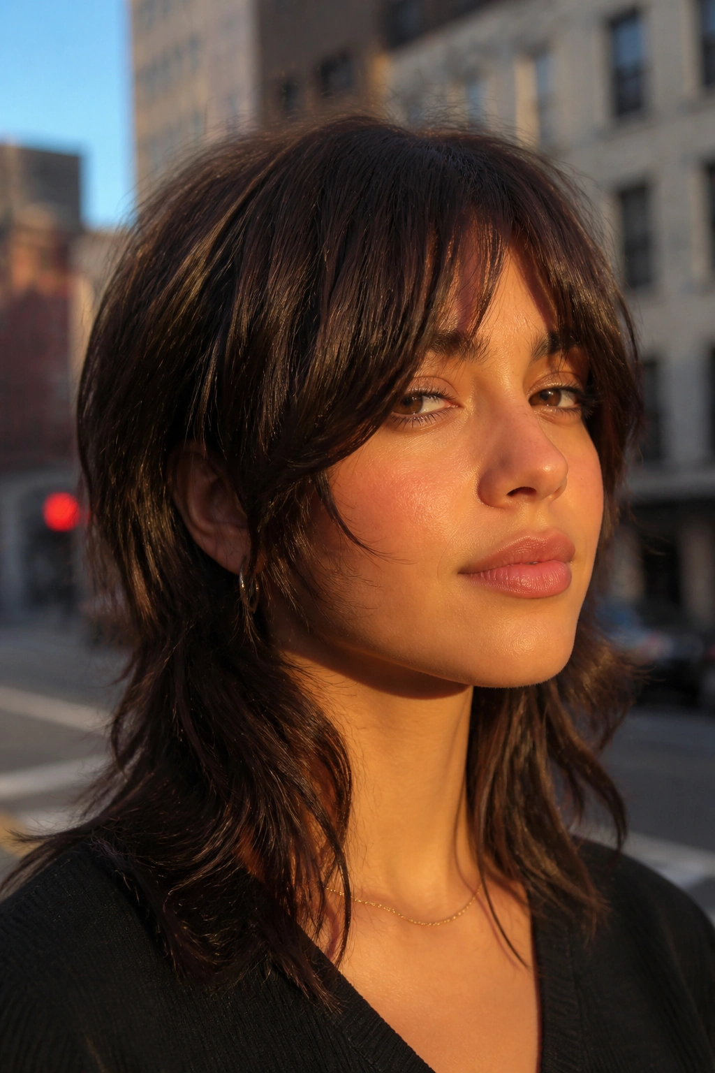 Portrait of real person with brunette wolf cut and soft curtain fringe