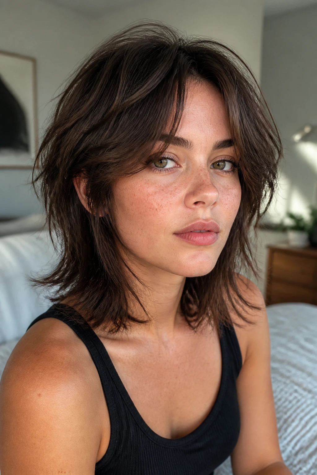 Close-up of a real person with Tousled Wolf Cut with Mid-Length Curtain Split under natural window light