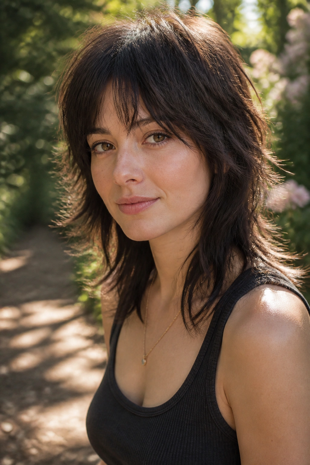 Close-up of a woman with a soft wolf cut and broken ends.
