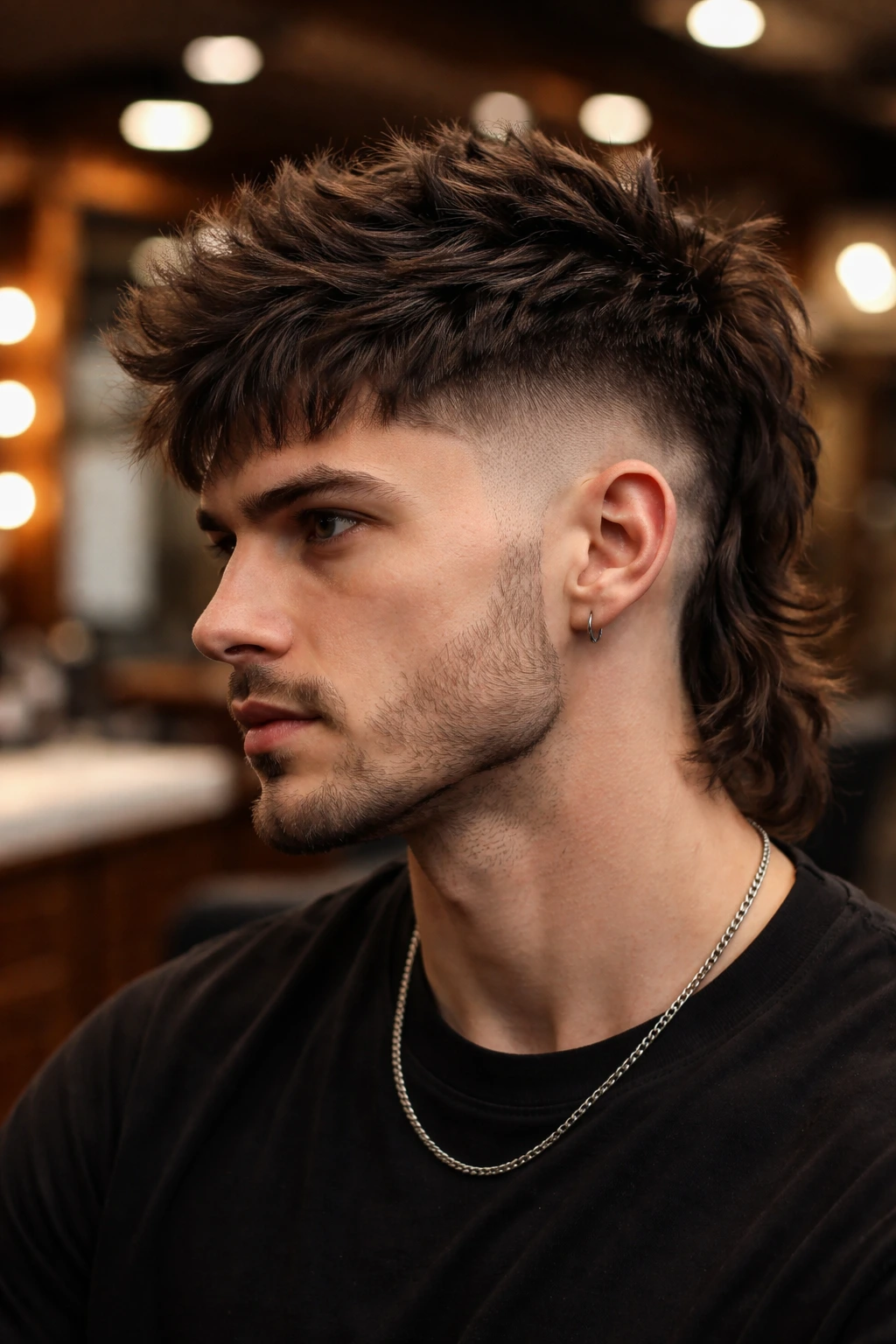 Close-up portrait of a man with a tight fade wolf cut featuring island top