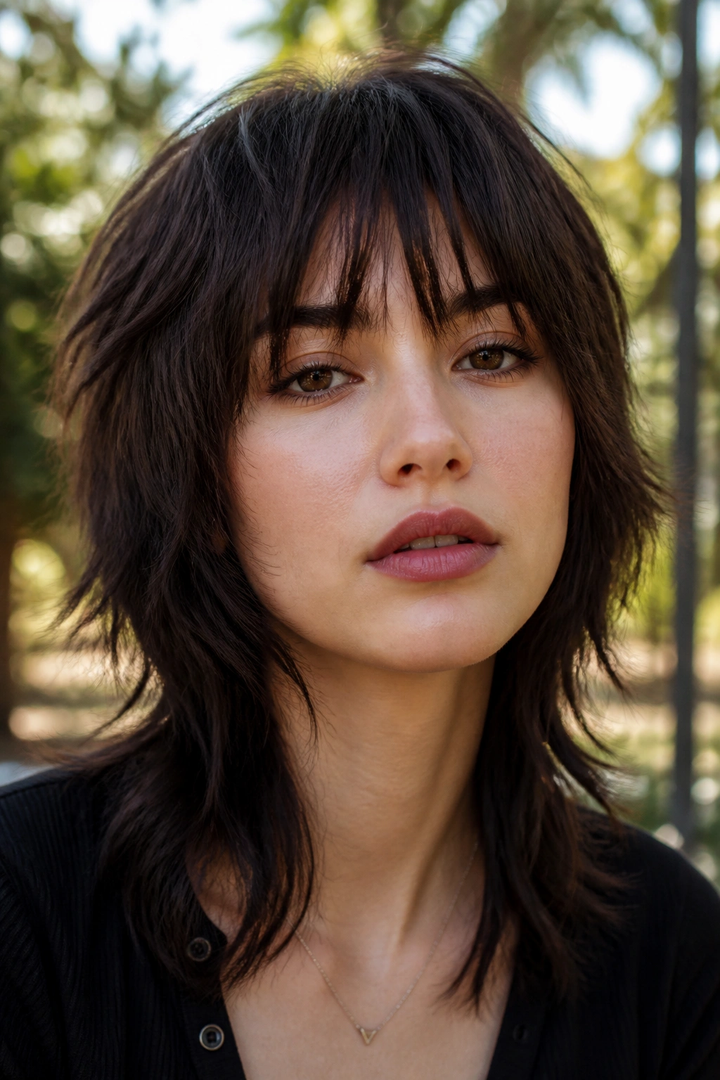 Real person with wolf cut and feather-light fringe in outdoor setting