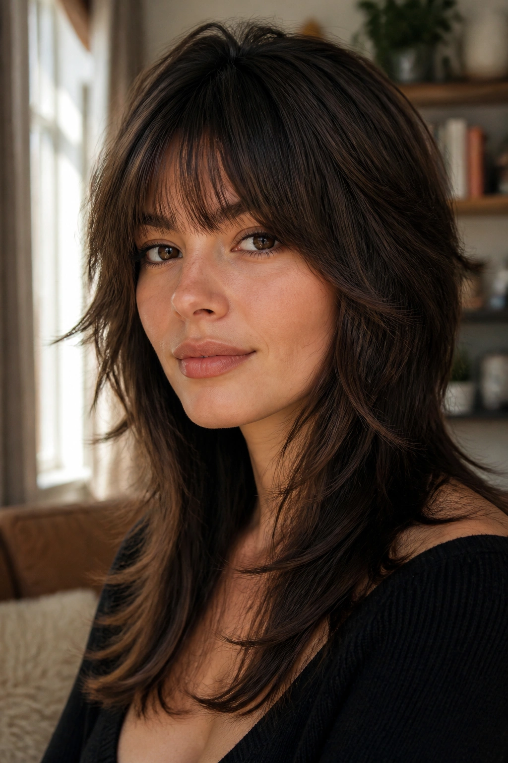 Close-up portrait of a real person with feathered bangs and a wolf cut in natural light.