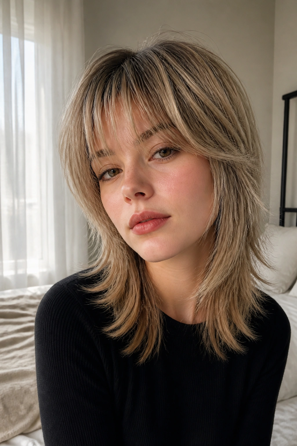Close-up portrait of a real woman with a softened wolf cut in warm window light