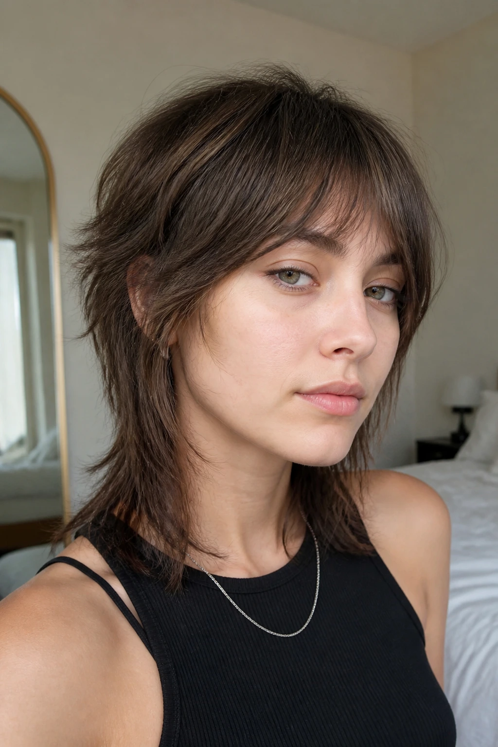 Close-up portrait of a real woman with a softer wolf cut featuring light fringe and gentle crown