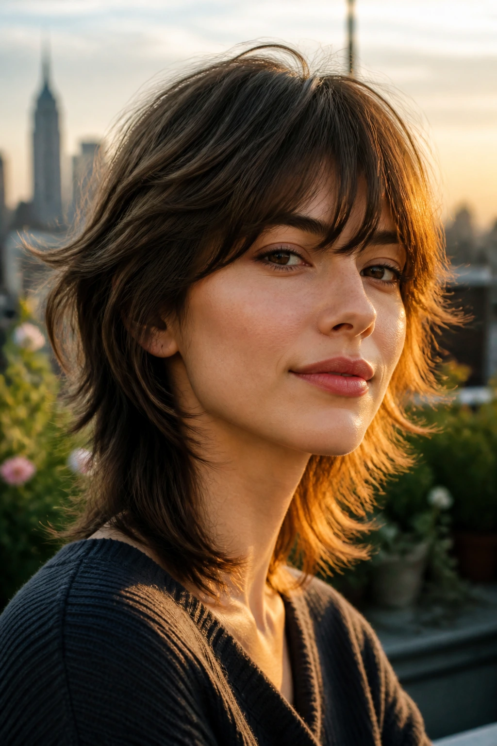 Real person with soft wolf cut and French texture in warm golden hour light