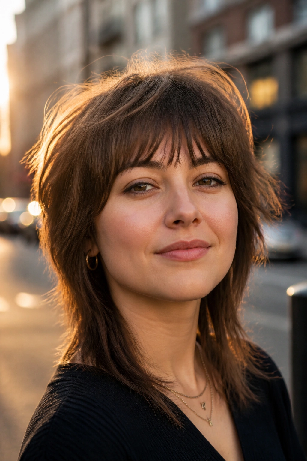 Real person with wolf cut and choppy fringe, portrait shot with bokeh background.