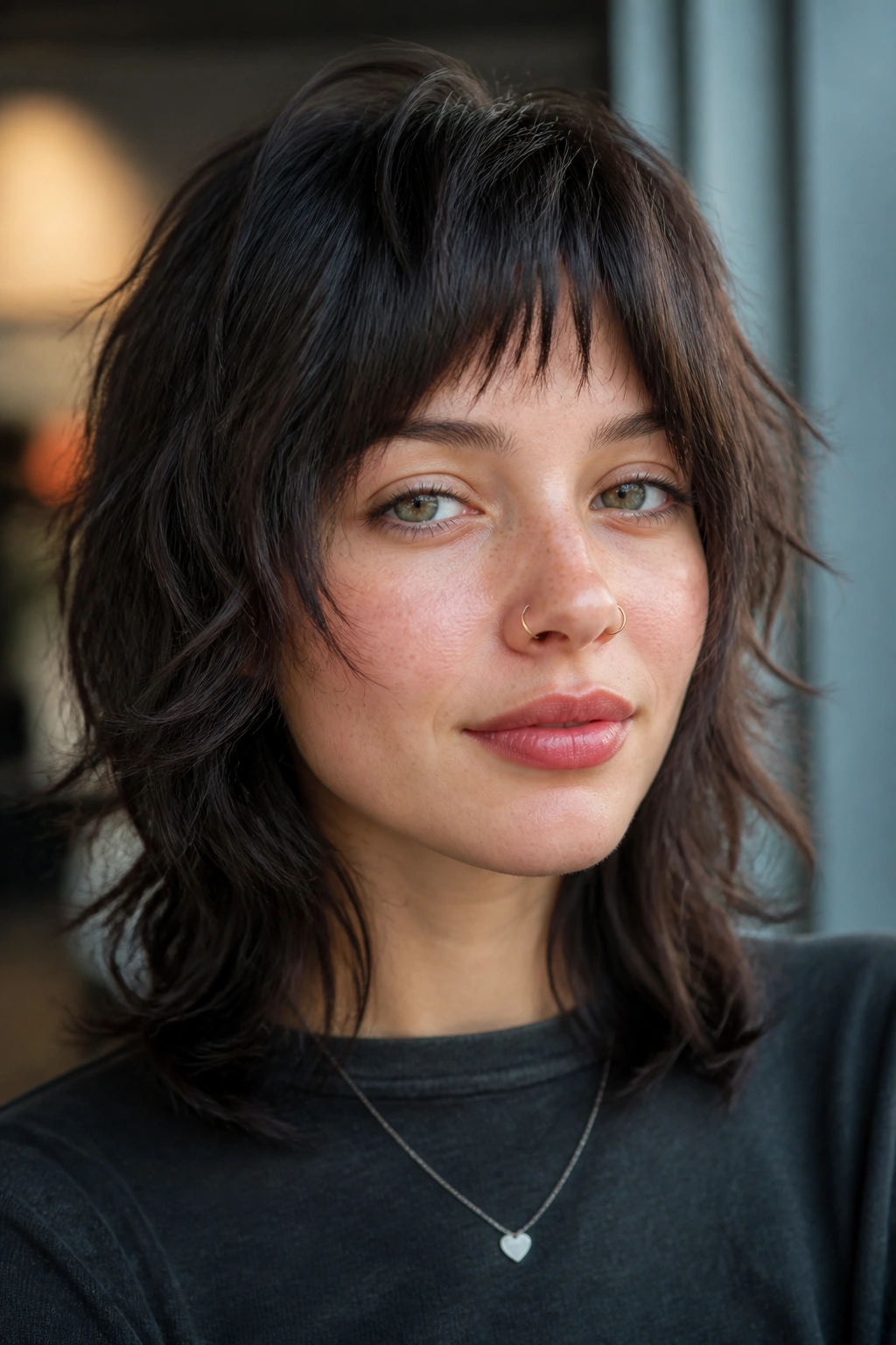Close-up portrait of a person with a wolf cut and tapered fringe in natural light