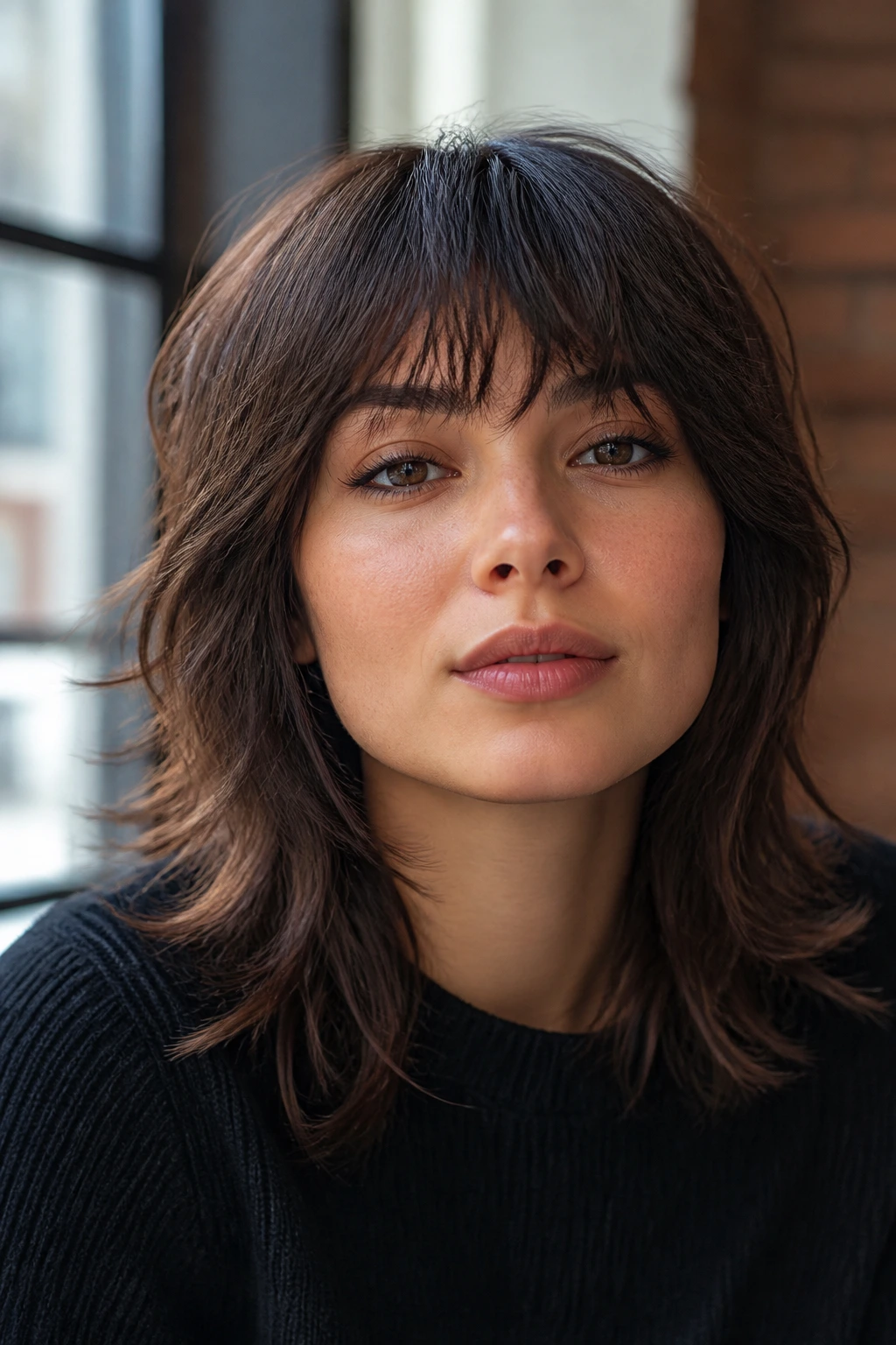 Close-up portrait of a real person with a wolf cut fringe in a softly lit studio