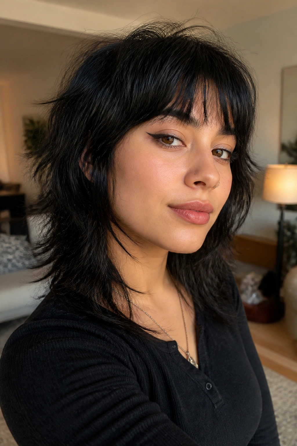 Close-up of a person with wolf cut fringe and choppy layers