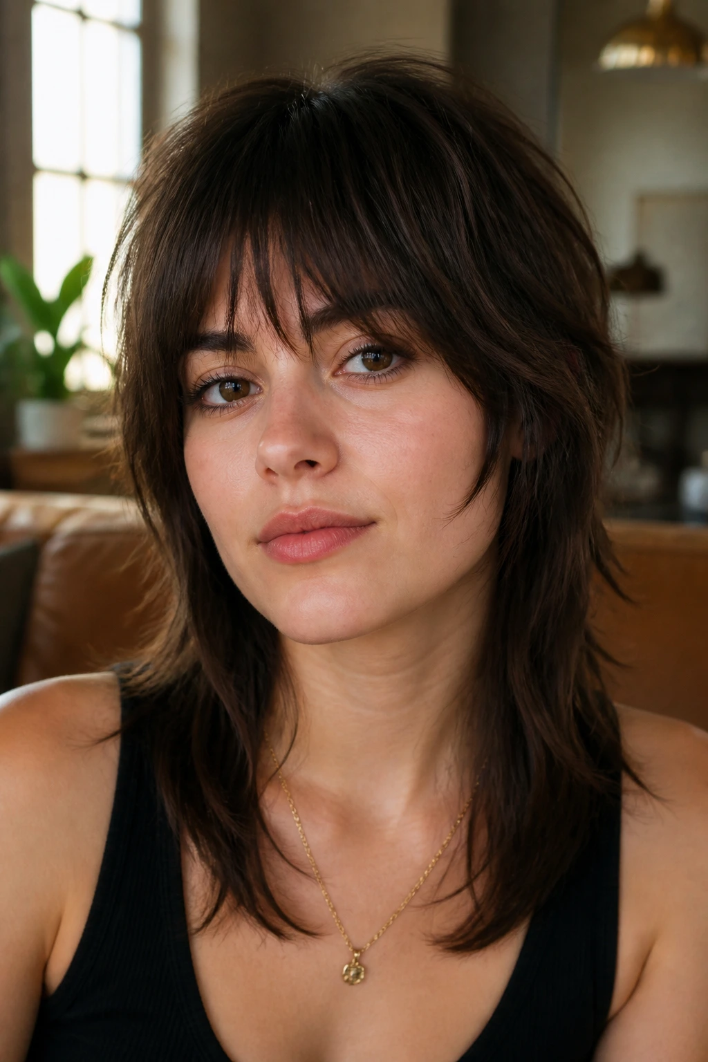 Close-up of brunette woman with wolf cut fringe and piecey ends