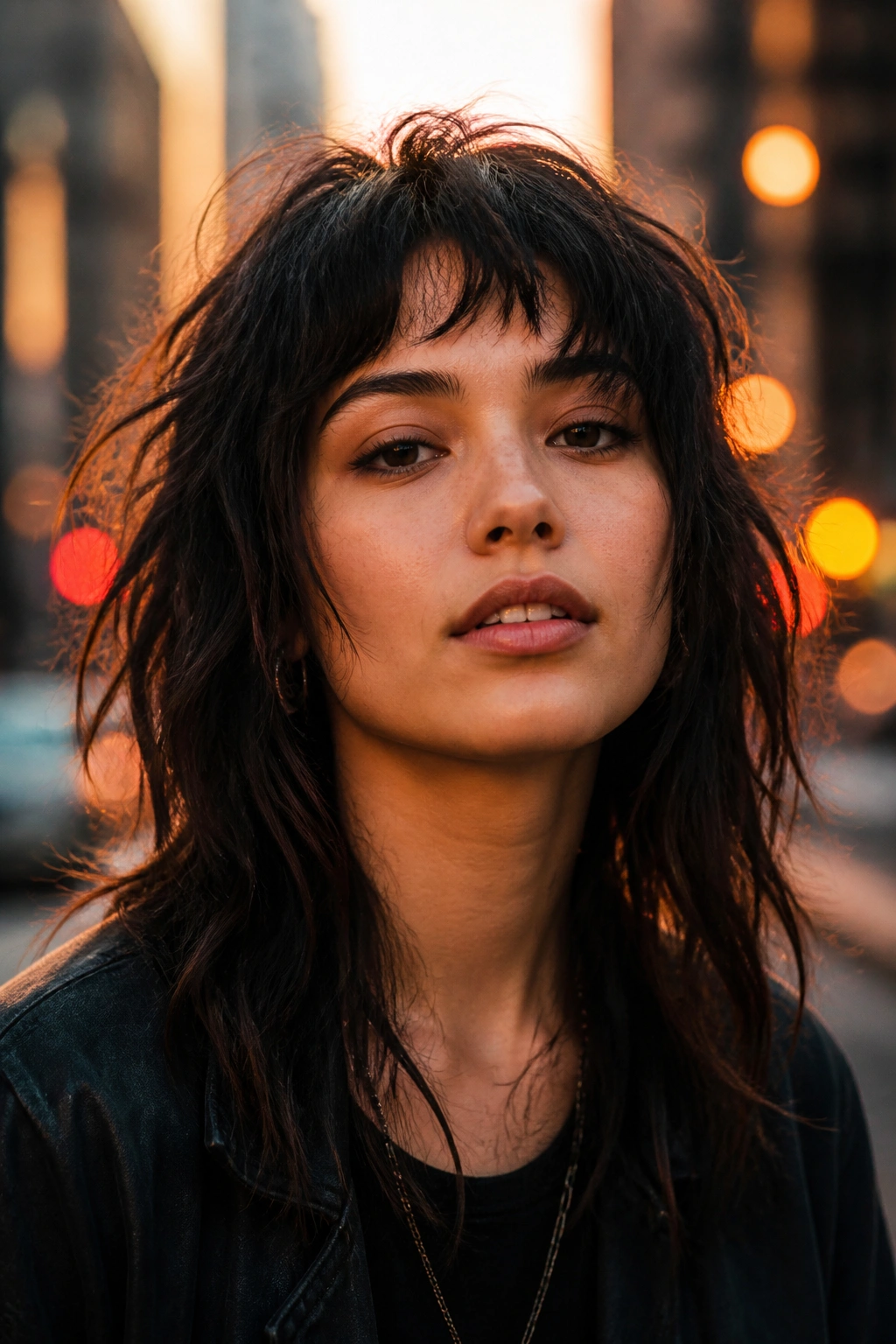 Real person with wolf-cut fringe in urban golden hour setting