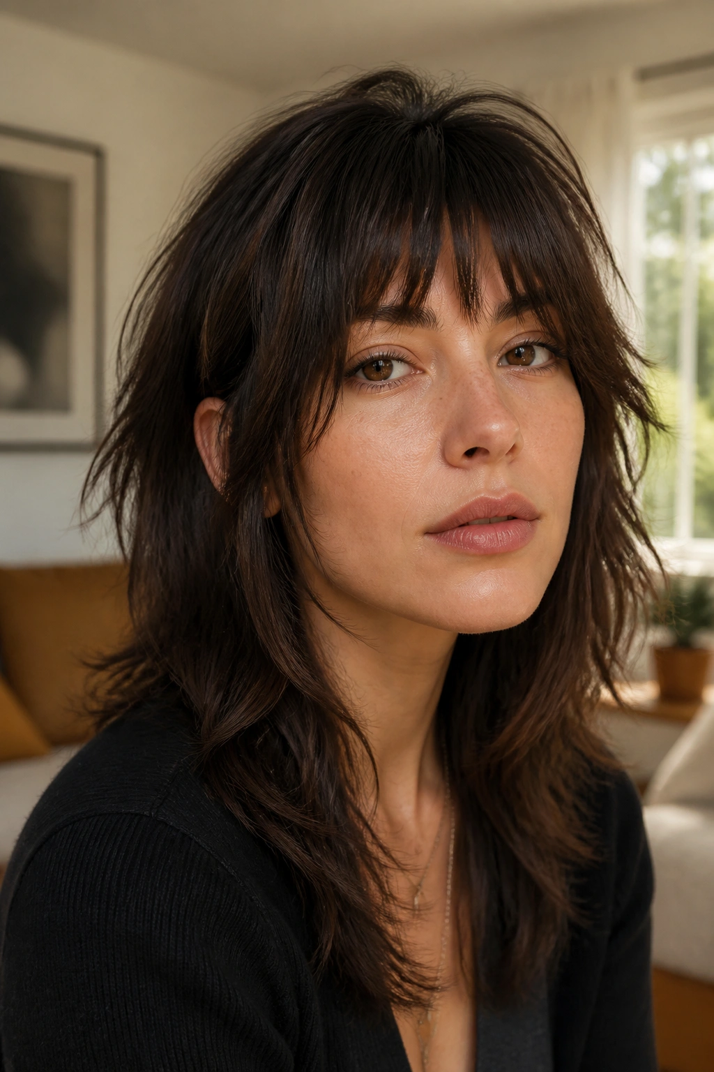 Close-up portrait of a real woman with a wolf cut and broken-up fringe in warm natural light.