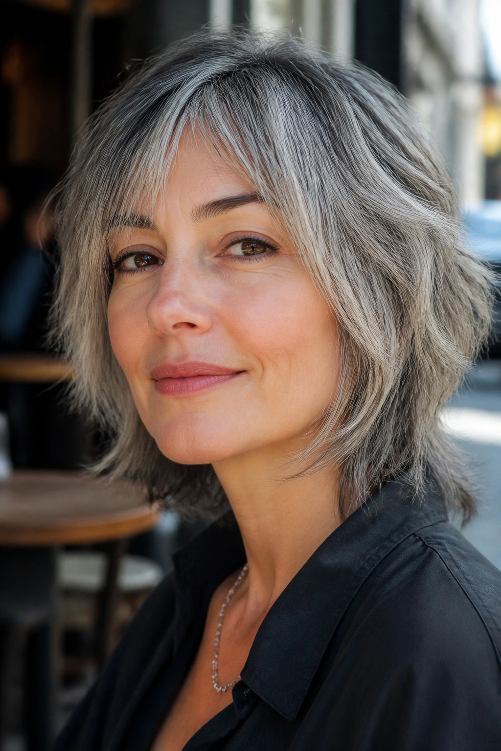 Real person with a gray shaggy wolf cut featuring soft-edged layers.