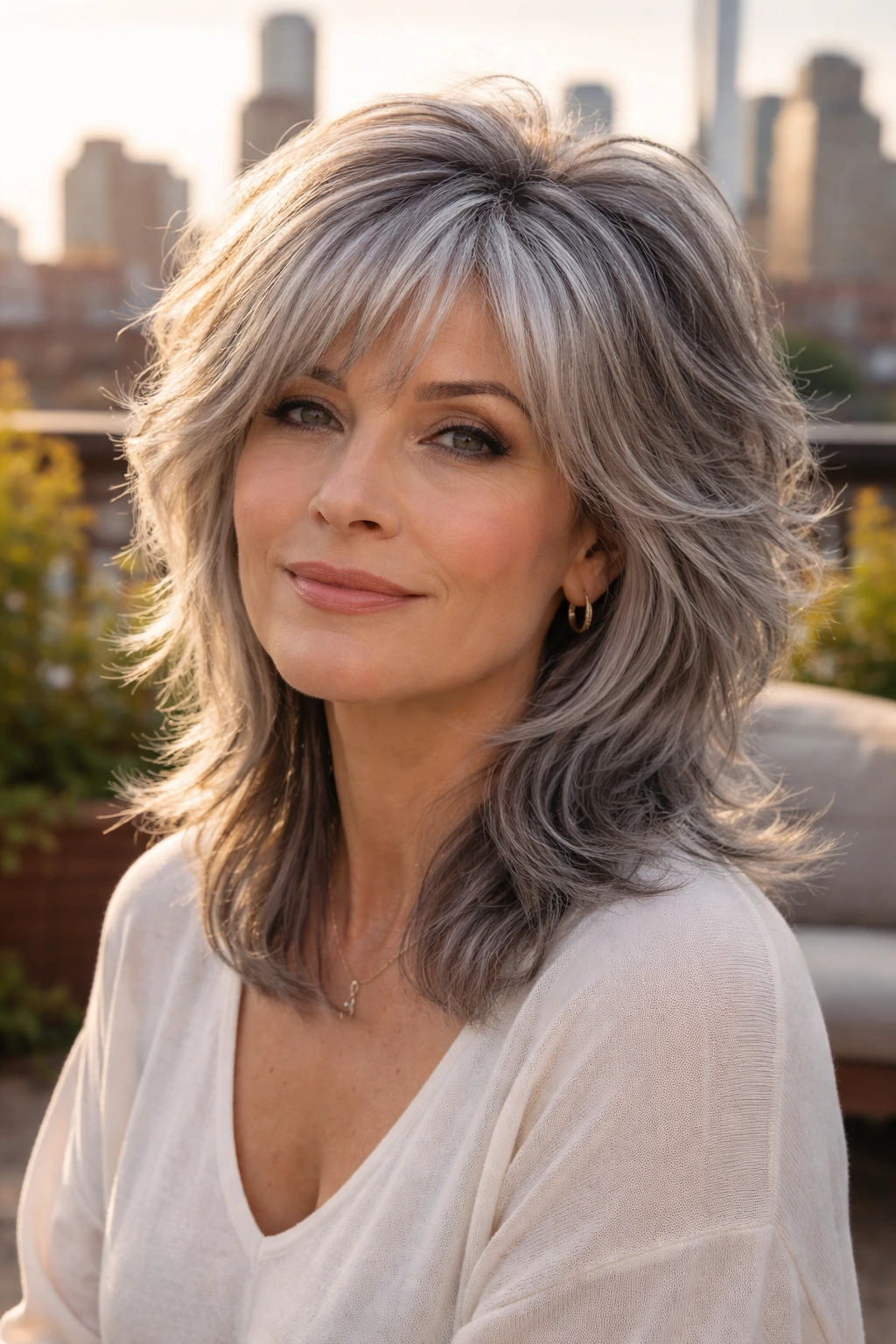 Close-up of a woman with a modern wolf cut on silver hair at golden hour.