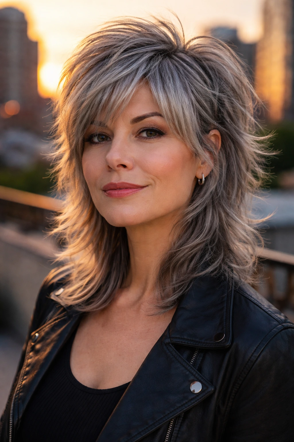 Portrait of a person with a modern wolf cut in grey hair.