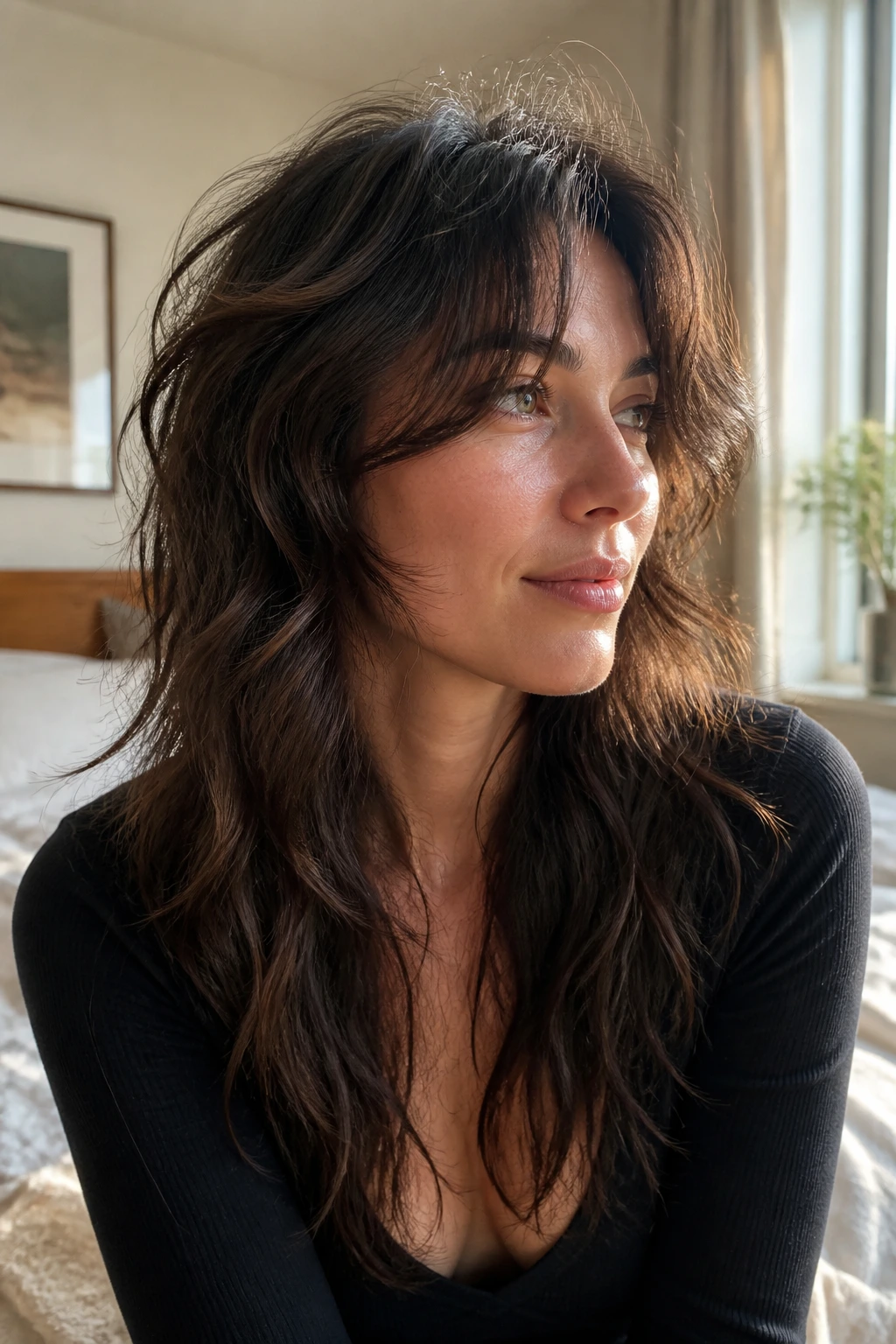 Close-up of a real woman with a grown-out wolf cut showing airy crown and uneven outline