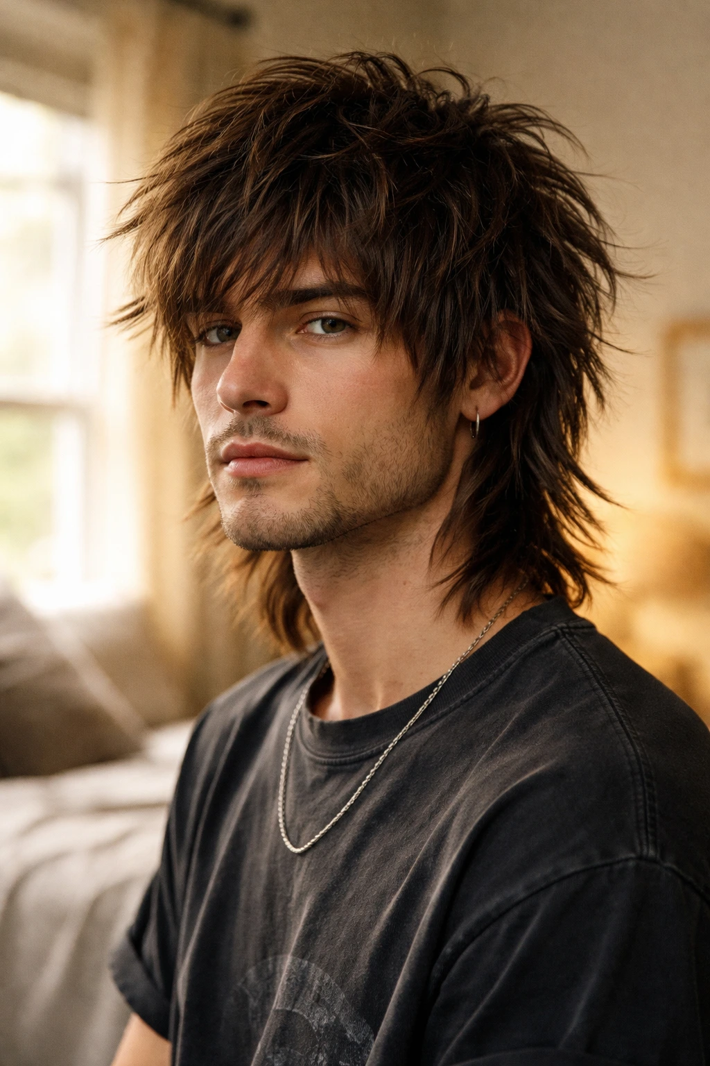 Close-up portrait of a real man with a classic shaggy wolf cut featuring heavy crown layers and face-framing pieces