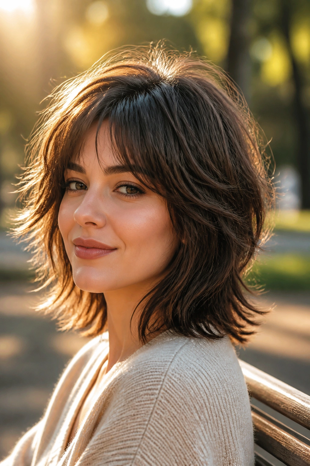Close-up of a woman with a soft wolf cut in golden hour light.