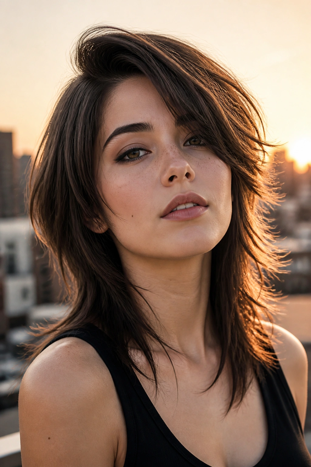 Close-up of woman with wolf cut and heavy side part in golden hour loft