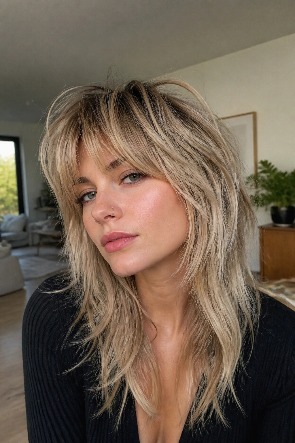 Close-up of a real woman with layered wolf cut in ash blonde.